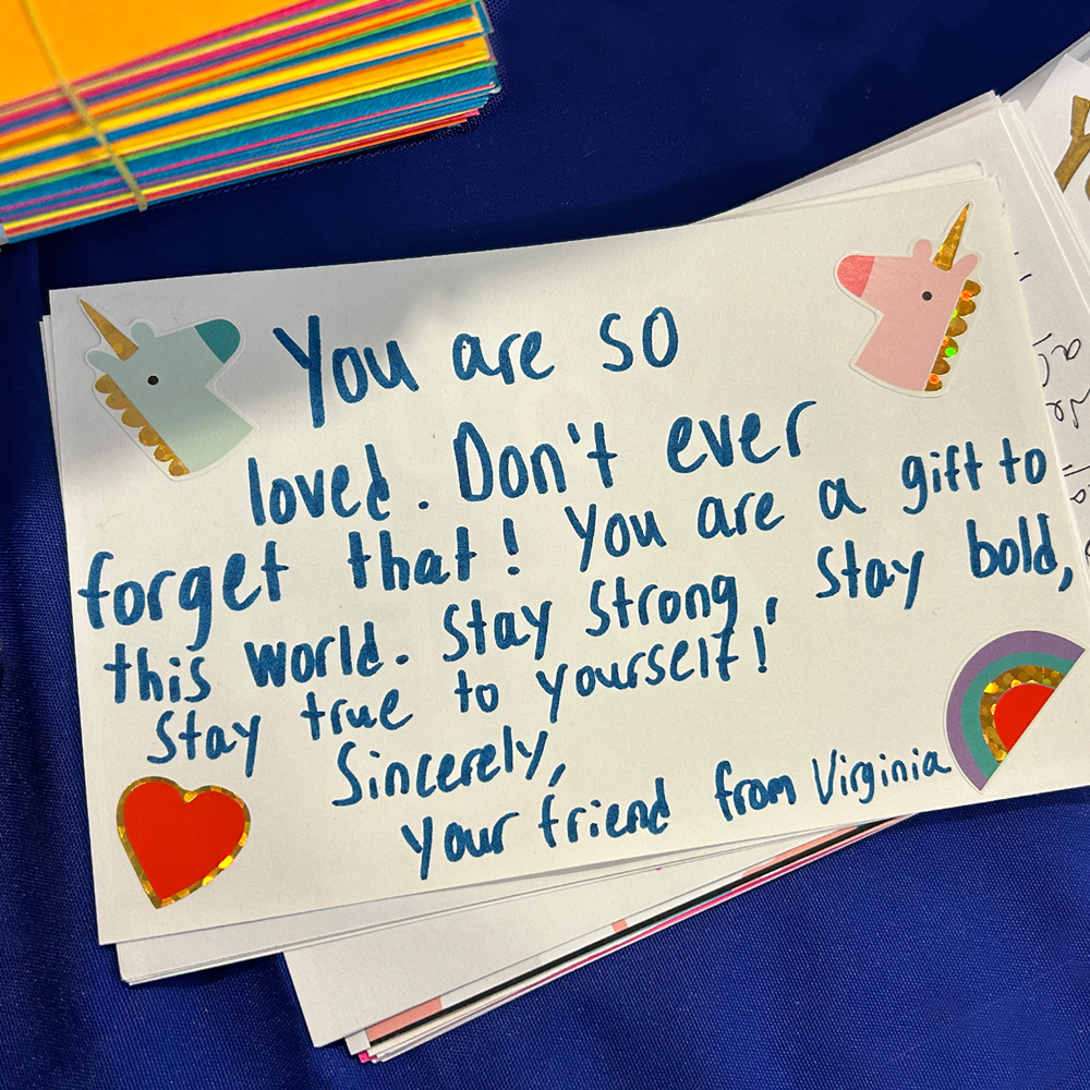 Handwritten notes of affirmation, included with every gender-affirming garment we donate